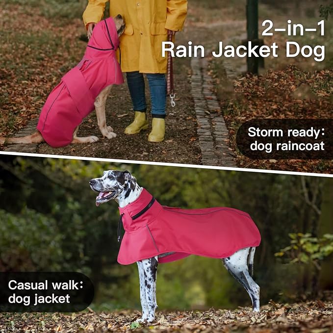 Dog Raincoat Waterproof , Reflective Adjustable Rain Jacket with Leash Hole, Convertible Hood/Collar Rain Coat for Dogs Poncho Breathable Lightweight (Neon Pink, XL)