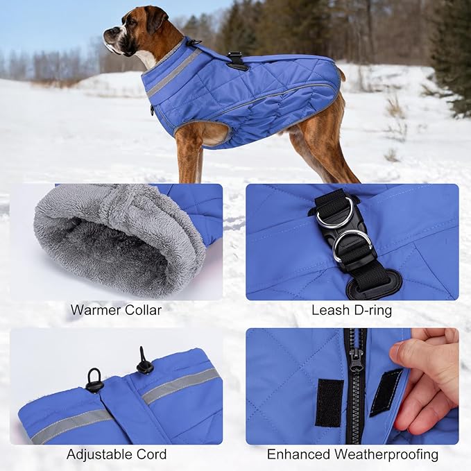 Dog Coat, Warm Dog Winter Coat for Large Dogs, Waterproof Jacket with Harness Built in, Reflective Turtleneck Cold Weather Coats with Zipper,Pet Fleece Vest Snow Jacket, Blue XXXL