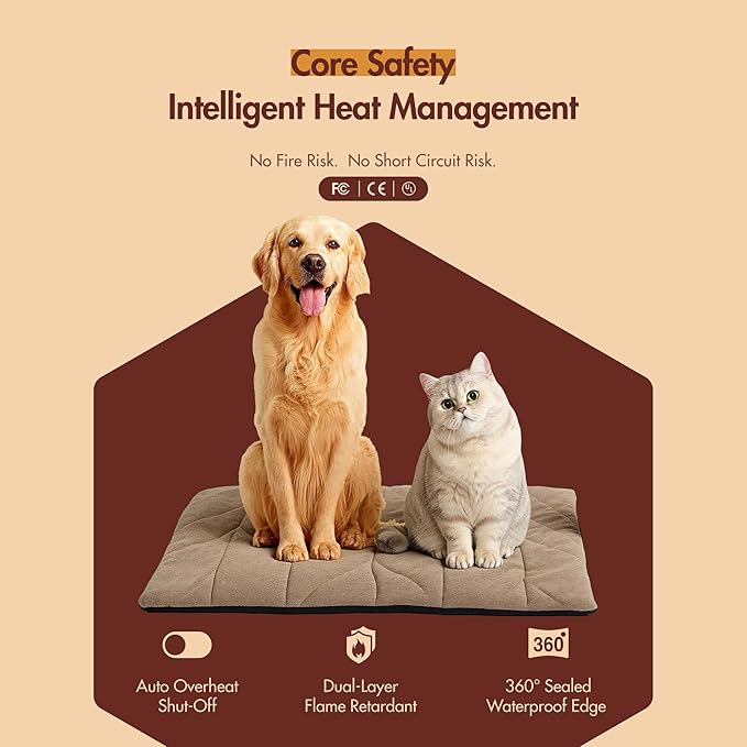 Dog Heating Pad (31"x20") - Waterproof Electric Heated Mat & Pet Bed for Indoor and Outdoor Use, Chew Resistant Cord, Machine Washable Cover with Wheat Pattern Quilting, for Cats and Pets