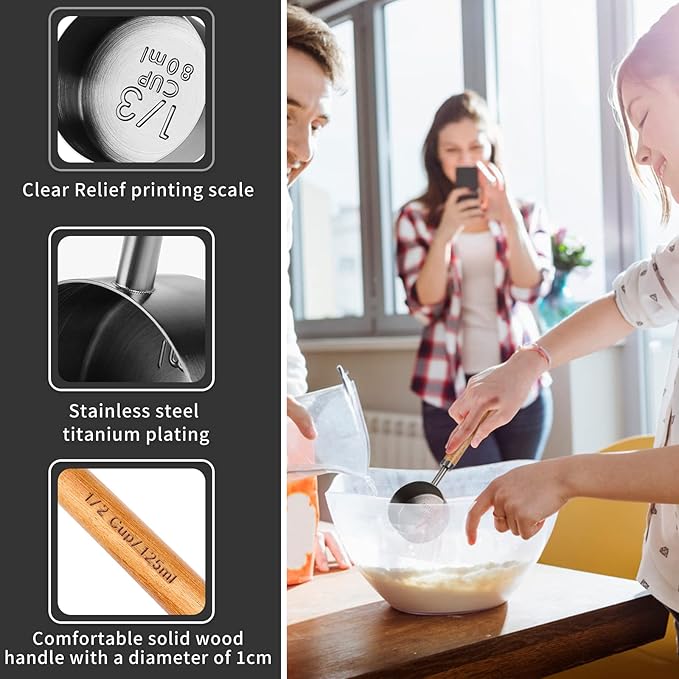 Measuring Cup with Wooden Handle, 1 Cup Titanium-plating 250 Ml Stainless Steel, Space Gray