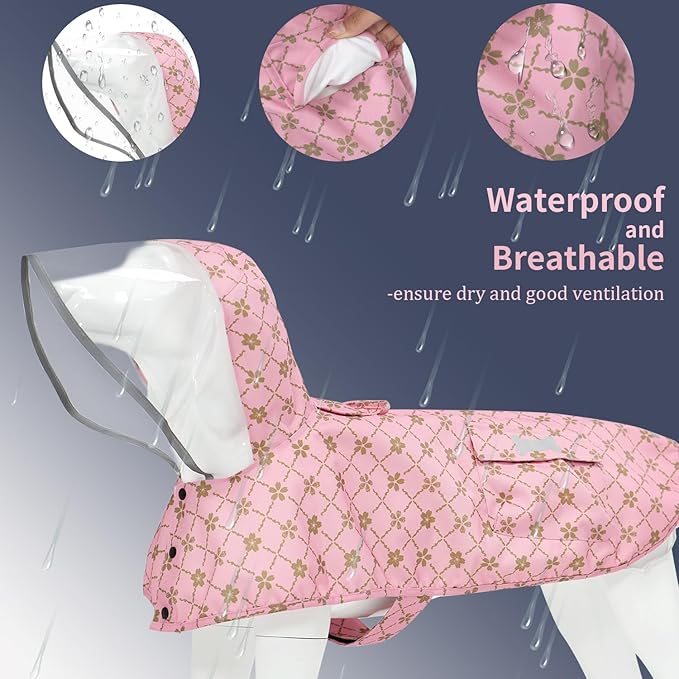 Waterproof Dog Raincoat, Adjustable Reflective Lightweight Pet Rain Clothes with Poncho Hood (Gold Cheery Blossoms Pink, Large)