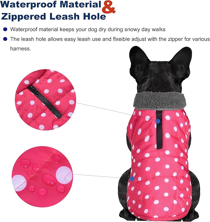 Dog Winter Coat, Waterproof Dog Jacket with Leash Hole, Reflective Adjustable Pet Snow Vest, Warm Fleece Sweater for Small Medium Large Dogs - Pink Polka Dot, XL