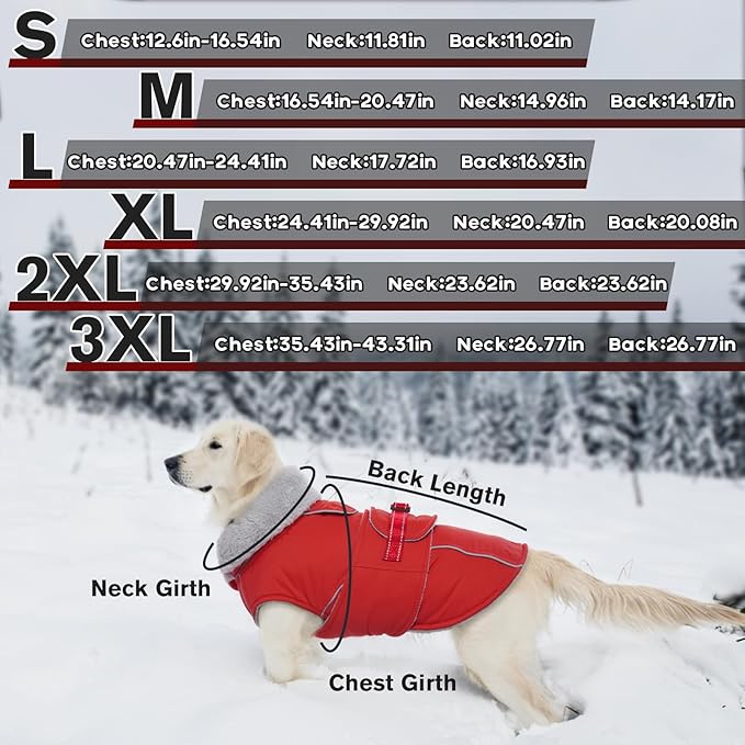 Lelepet Warm Dog Coat - Reflective Waterproof Fleece Vest with Adjustable Buckle Hook & Loop, Windproof Winter Jacket Dog Coats for Small Medium Large Dogs, Red, XXL