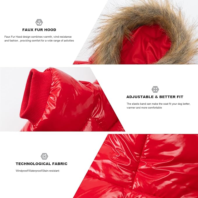 PINA Winter Coat with Faux Fur Hood, Windproof and Warm, Suitable for Small to Large Dogs, Red, M