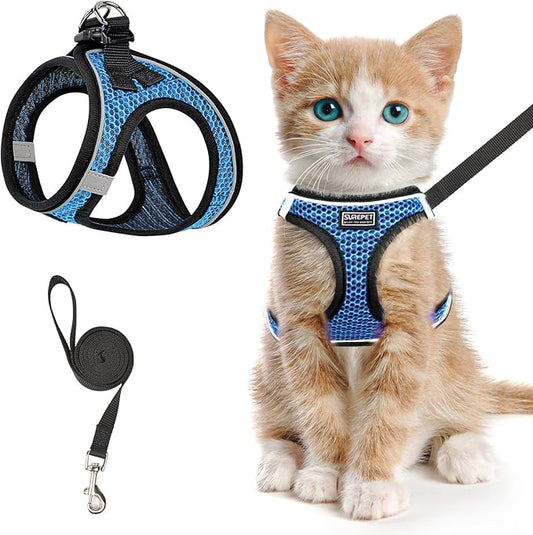 Cat Harness and Leash for Walking Escape Proof, Adjustable Kitten Vest Harness Reflective Soft Mesh Puppy Harness for Outdoor, Comfort Fit, Easy to Control (Blue, XS)