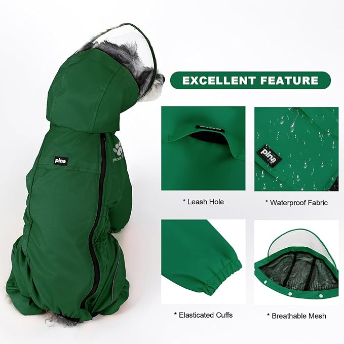 PINA Dog Raincoat, Waterproof Rain Jacket with Hood & Pocket, Lightweight Dog Jacket with Leash Hole & Reflective Strap for Wet Weather, Full Wrap Design for Full Protection