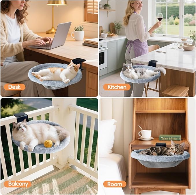 L&W BROS.Cat Desk Bed – Supports Up to 50 lbs, Removable Machine-Washable Plush Cover, Comfortable Cat Perch for Indoor, Space-Saving Foldable Design Cat Bed for Gaming Desks, Home Office