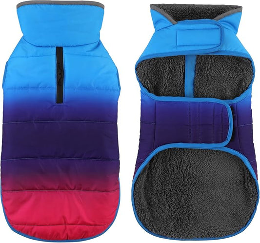 Dog Winter Coat, Waterproof Dog Jacket with Leash Hole, Reflective Adjustable Pet Snow Vest, Warm Fleece Sweater for Small Medium Large Dogs - Gradient Blue, S