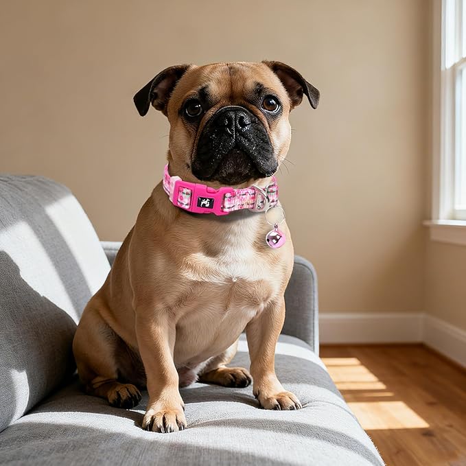 Pink Small Dog Collar with Bell - Reflective Soft Kitten-Safe Collar for Tiny Dogs, Adjustable Flower Pattern Nylon Collar for Teacup Chihuahua Pomeranian Kittens (Small Flower)