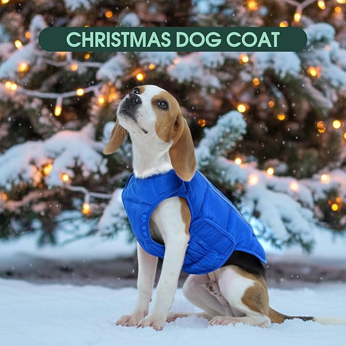 Kuoser Dog Puffer Jacket Warm Dog Coat for Small Medium Dogs, Windproof Reflective Pet Padded Vest Cold Weather Clothes Puppy Snowsuit with Hook & Loop Coats, Easy On/Off, Blue M