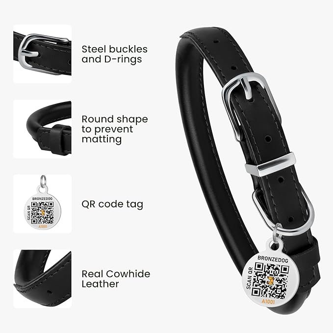BRONZEDOG Rolled Leather Dog Collar for Small Medium Large Dogs with QR ID Tag (XS: 9-11 Inch, Glossy Black)
