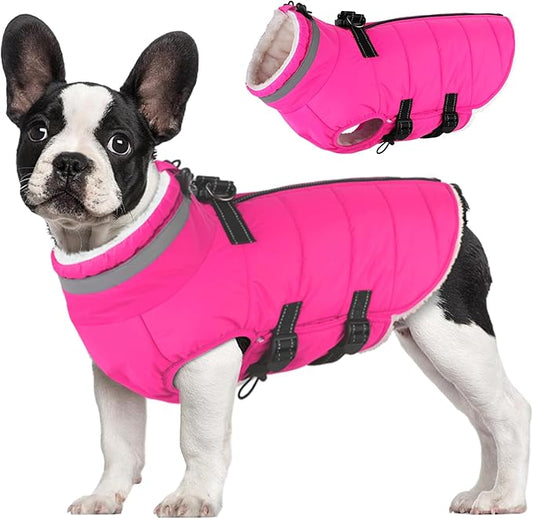 Dog Coat with Harness Built-in, Waterproof Reflective Fleece Lined - Warm Windproof Winter Jacket with Back Zipper, Cold Weather Snow Dog Coats - Pink - L