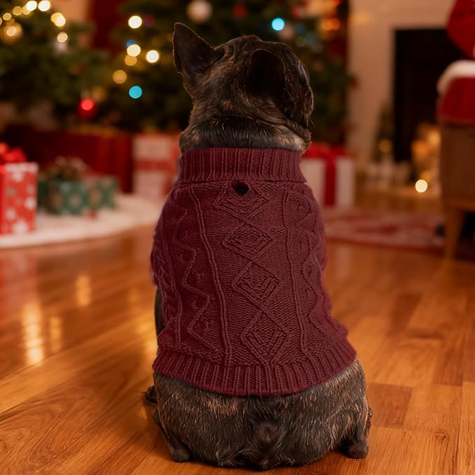 PUPTECK Dog Sweater, Turtleneck Warm Knitted Pullover Coat, Thick Cable Knitwear Clothes in Winter, Pet Apparel Outfits for Large Dogs, for Cold Weather Indoor & Outdoor, Deep Red ML