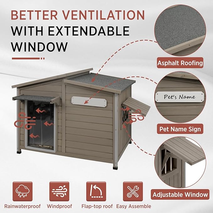 Outdoor Dog House, Weatherproof Wooden Kennel for Medium Dogs, Large Wooden Dog House with Chew-Proof Iron Frame, Removable Floor (Grey, 43.5"D x 29.5"W x 33.5"H) (Grey, 43.5" D x 29.5" W x 33.5" H)