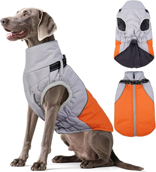 Dog Coats for Large Dogs,Winter Waterproof Jacket with Collar Built in,XXL Dog Coat for Cold Weather Warm Snow Jacket with Thermal Fleece Lining,Reflective Pet Snowsuit Large,Orange,2XL