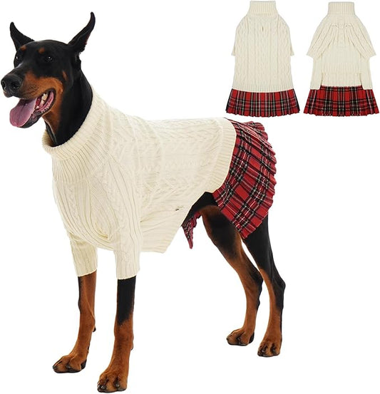 IECOii Girl XXXL Dog Sweater Dress, Girl Dog Sweaters for Extra Large Dogs Turleneck, Beige,XXXLarge, Thermal Warm Knitwear with Leash Hole, Adorable Cable Knit Sweater for Christmas & Thanksgiving