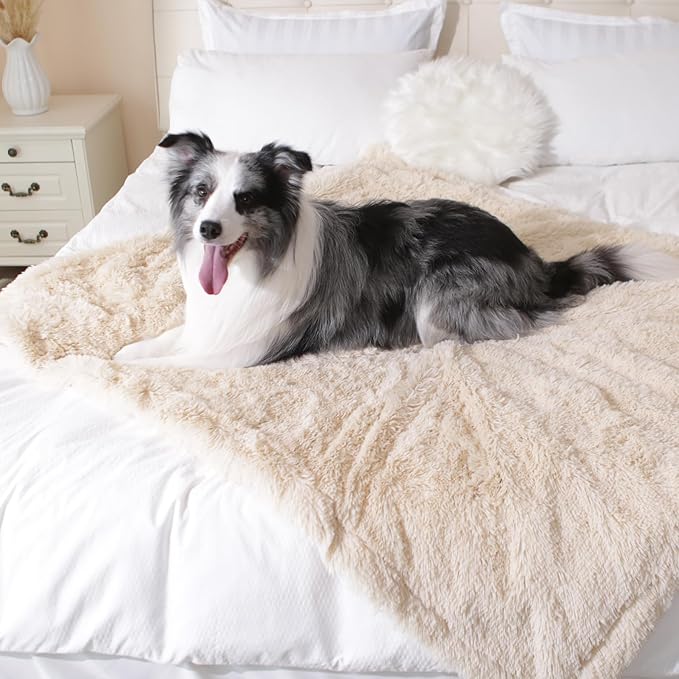 gogobunny Waterproof Dog Blanket for Large Dogs, Cats, Puppy, Reversible Faux Fur Pet Throw Blanket, Washable, Calming Furniture Protection for Sofa Bed (33x77 Inch (Pack of 1), Beige)