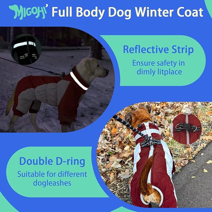 MIGOHI Full Body Dog Coat - Warm Reflective Winter Coat for Medium Dogs with Harness,Turtleneck Dog Fleece Jacket,Four-Leg Windproof Puffer Jackets Snowsuit with Zipper for Small Medium Large Dogs,M