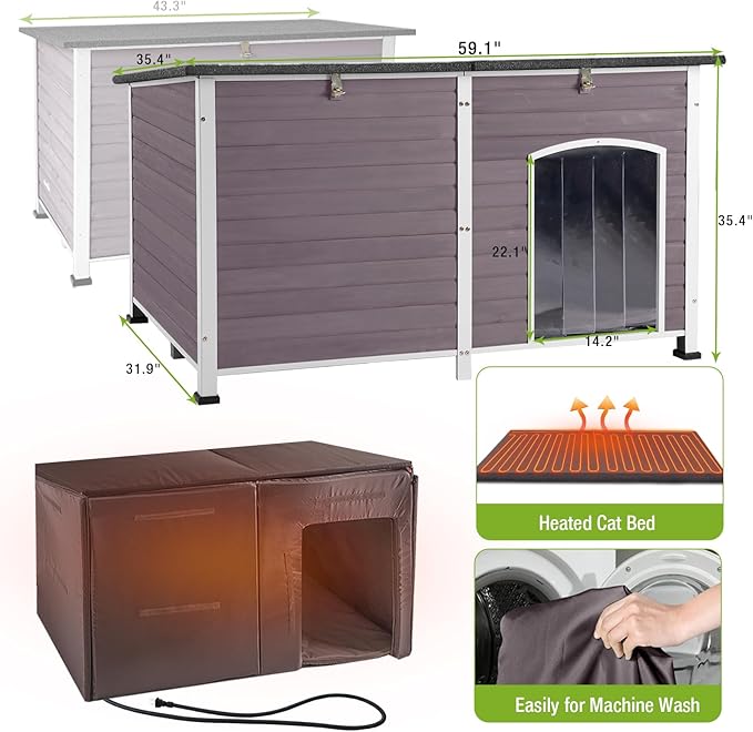 GUTINNEEN Extra Large Heated Dog House for Large Dogs, 6-Sided Insulated Outdoor Dog House with Thermostat Heating Pad, Metal Frame, Insulated Liner, Weatherproof Warm Shelter for Winter Use, Grey