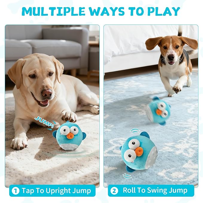 Interactive Dog Toy Ball, Rechargeable Jumping Plush Toy with Motion Activation for Small Large Dogs, Squeaky Moving Bouncing Ball for Pets Keep Busy Reduce Boredom, No Loud Music (Puffer)