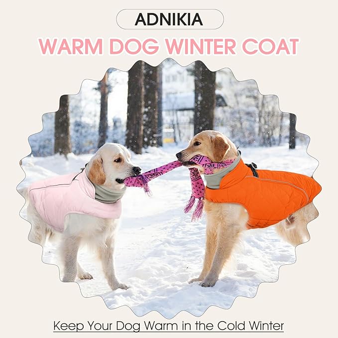 Dog Coat with Harness Built in -Pink,Large- Fleece Lined Dog Snow Jacket Snowsuit，Adjustable Reflective Winter Warm Cold Weather Coat