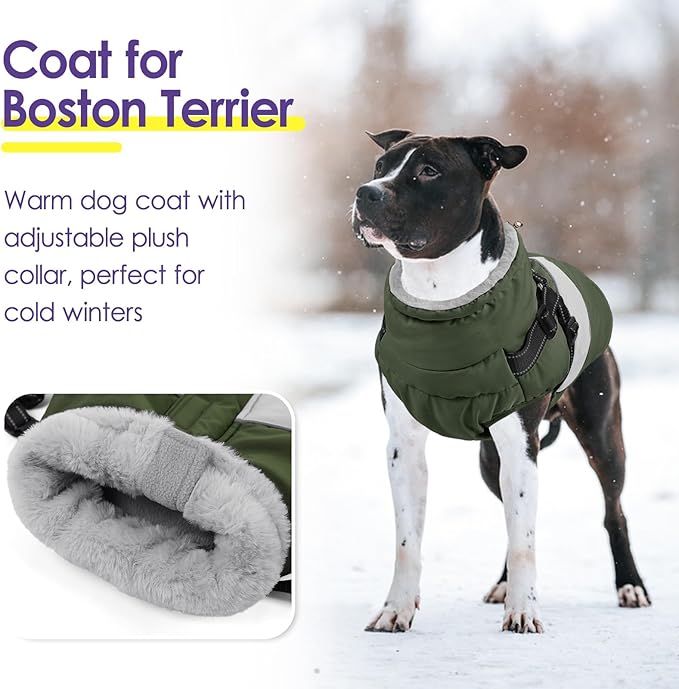 SUNFURA Dog Coat, XXXL Dog Jacket Winter with Harness Built in, Waterproof Pet Snow Jacket with Furry Collar for Chilly Day, Reflective Fleece Snowsuit for Extra Large Dogs, Army Green 3XL