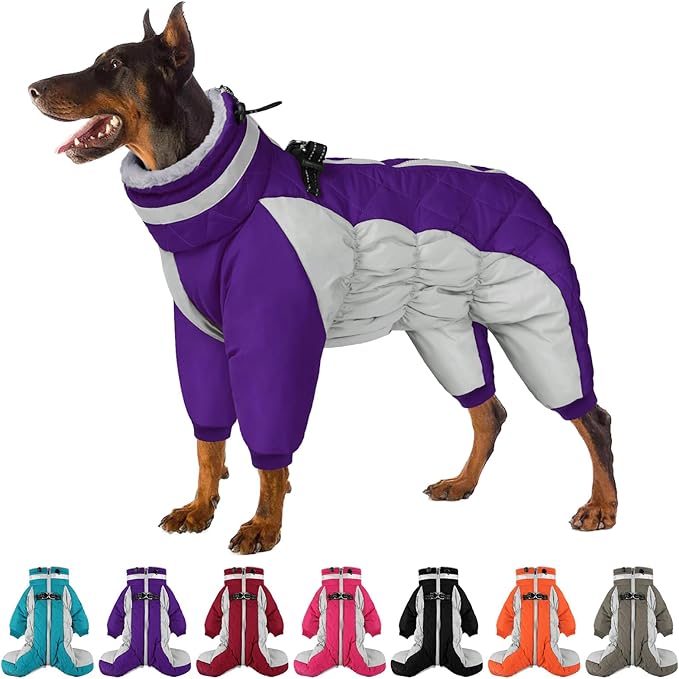 SUNFURA Full Body Dog Coat - Warm Fleece Jacket for Large Dogs, Turtleneck Winter Coats with Harness, Reflective Dog Snowsuit Windproof Puffer Jackets with Legs for French Bulldog, Purple L