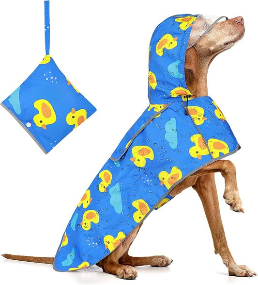Dog Raincoat Waterproof Dog Rain Jacket Hooded Poncho with Leash Hole, Reflective Rain Coat with Storage Pocket for Large Dogs (Blue, Large)