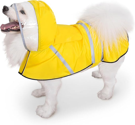 Dog Raincoat, Adjustable Rain Jacket with Hooded Double Layer for Large Medium Small Dogs Puppies, Lightweight Waterproof Rain Coat Poncho with Reflective Stripe Yellow,L