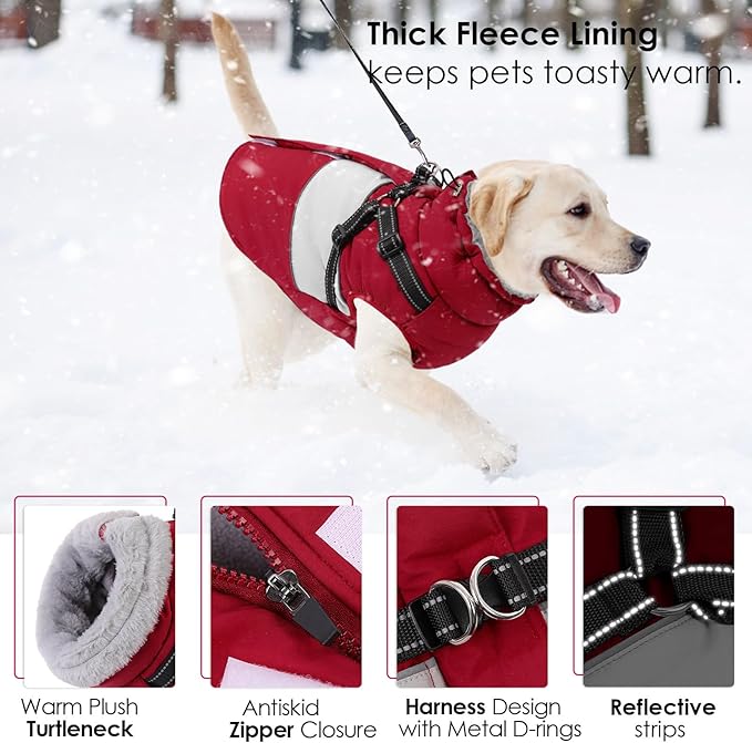 AOFITEE Dog Coat, Waterproof Dog Jacket Winter, Dogs Coat with Harness Built in, Warm Dogs Puffer Jacket with Zipper, Reflective Pet Snowsuit Sweater for Dachshund, French Bulldog, Boston Terrier, M