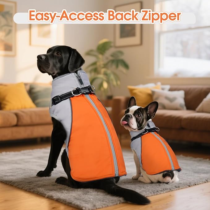 DENTRUN Dog Coat with Harness Built in, Adjustable Winter Dog Coat with Reflective Strips, Fleece Lined No Sleeves Jacket for Chihuahua, Orange, S