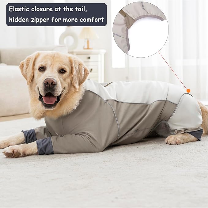 Dog Full Body Winter Coat, Waterproof Fleece Jacket for Small Medium Large Dogs Reflective Snowsuit with Zipper for Outdoor Skating (Beige, 7XL(Weight 100-138 lbs))
