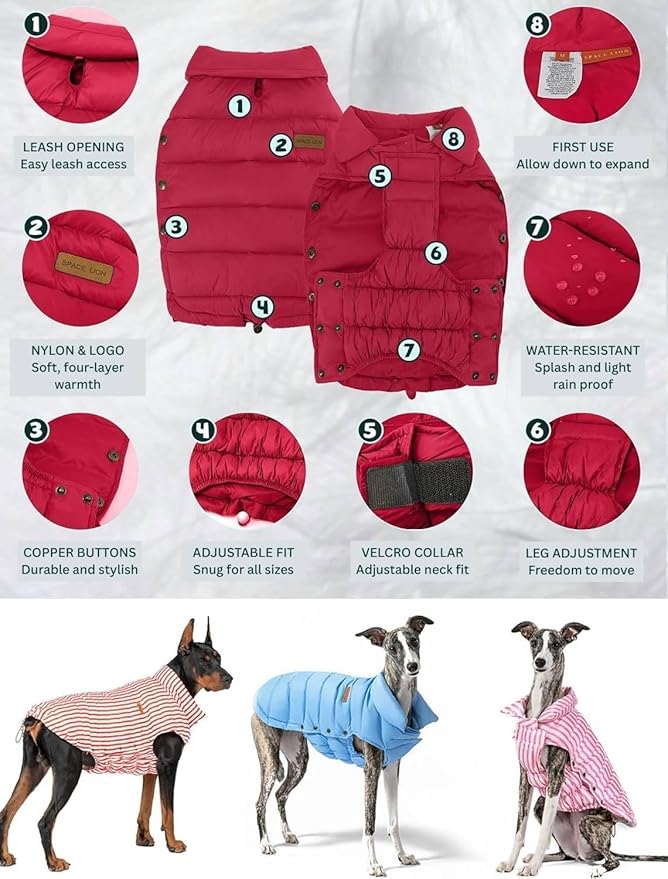 SPACE LION Dog Puffer Jacket, Down Winter Coat, Durable Outdoor Coat for Cold and Windy Conditions, Waterproof, Lightweight Jacket, Adjustable Fit for Small, Medium, Large Dogs(Red,28/4XL)