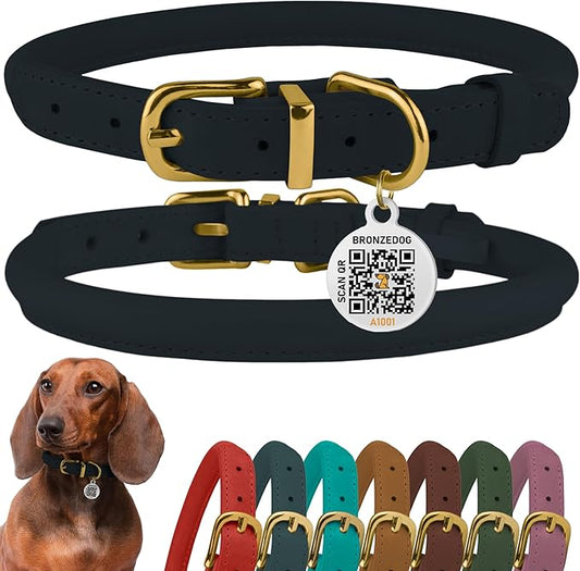 BronzeDog Rolled Leather Dog Collar with QR ID Tag, Adjustable Soft Round Collars for Small Medium Large Dogs Puppy (9" - 11" Neck Size, Dark Blue)