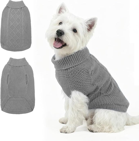 Mihachi Turtleneck Dog Sweater - Winter Coat Apparel Classic Cable Knit Clothes with Leash Hole for Cold Weather, Ideal Gift for Pet in New Year Grey SM