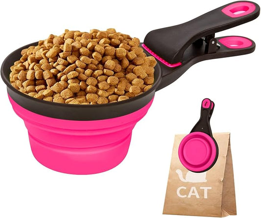 Collapsible Silicone Dog Food Scoop Foldable Pet Food Measuring Cup with Bag Clip 3 in 1 Multi-Function Silicone Dog Food Scooper (Rose Red, Large)