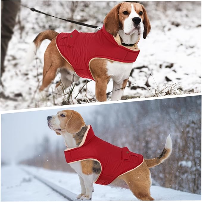 ASENKU Warm Dog Winter Coat, Waterproof Dog Coat for Cold Weather, Fleece Dogs Jacket with Ultra Thick Plush Lining Leash Hole Storage Pockets for Small Dogs (Red, Small)