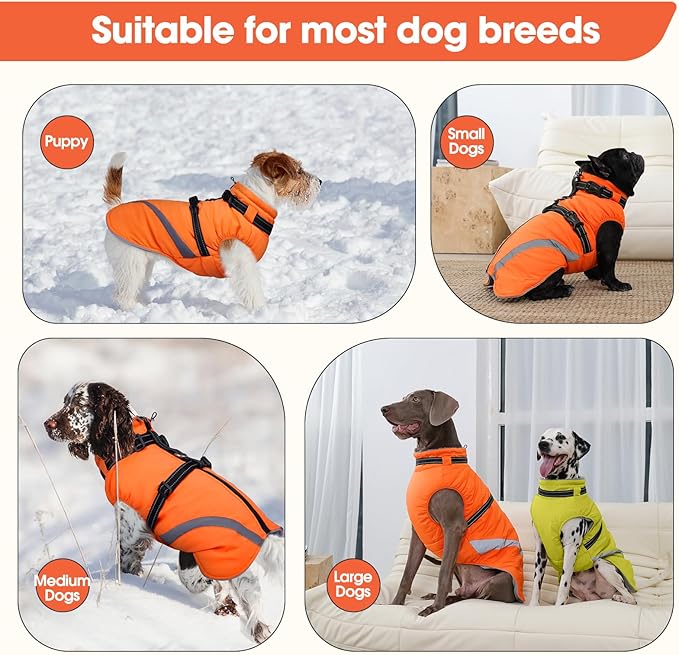 BRKURLEG Dog Winter Jackets for Large Dogs, Dog Coat with Harness Built in, Dogs Snowsuits with Zipper, Waterproof Windproof Pet Puffer Jacket Fleece Vest for Labrador, Dalmatian, Orange XXL