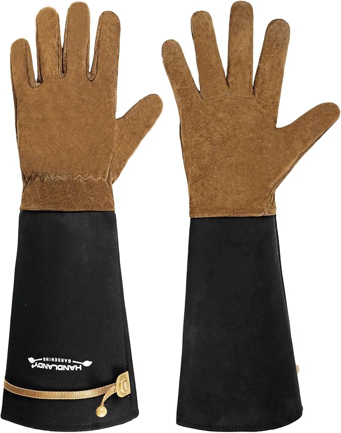 HANDLANDY Long Gardening Gloves for Men & Women, Cowhide Leather Rose Pruning Gloves, Breathable Thorn Proof Gauntlet Glove (Brown-Cowhide, M)