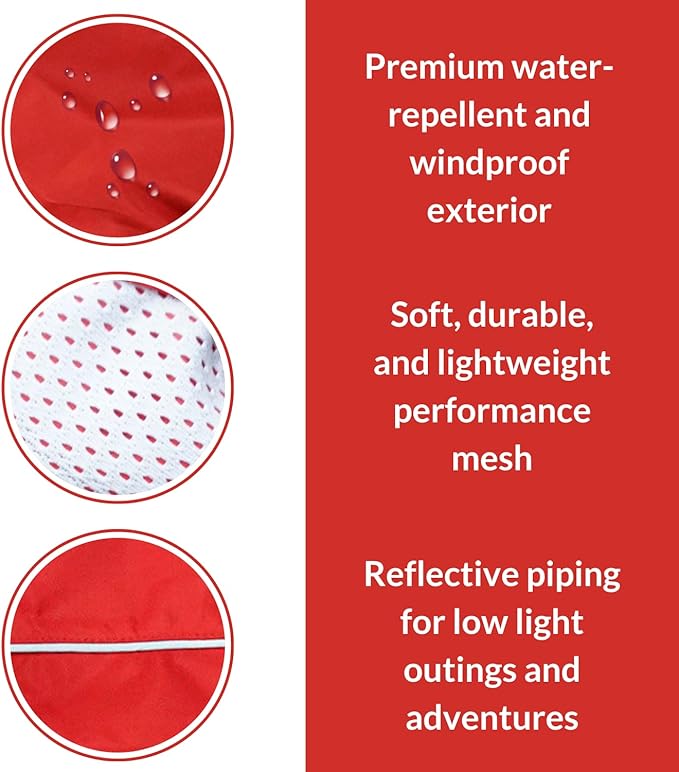DJANGO Dog Jacket & Raincoat – Lightweight Water-Resistant Coat for Small, Medium & Long Dogs Like Dachshunds – Reflective, Adjustable Fit, Harness-Compatible & Easy-Access Harness Hole - Red, Medium