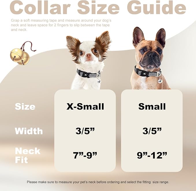 Reflective Dog and Cat Collar with Bell - Hypoallergenic Adjustable Puppy Collar for Small Pets, Soft Nylon Night Safety with Reflective Strips (Silver, XS)