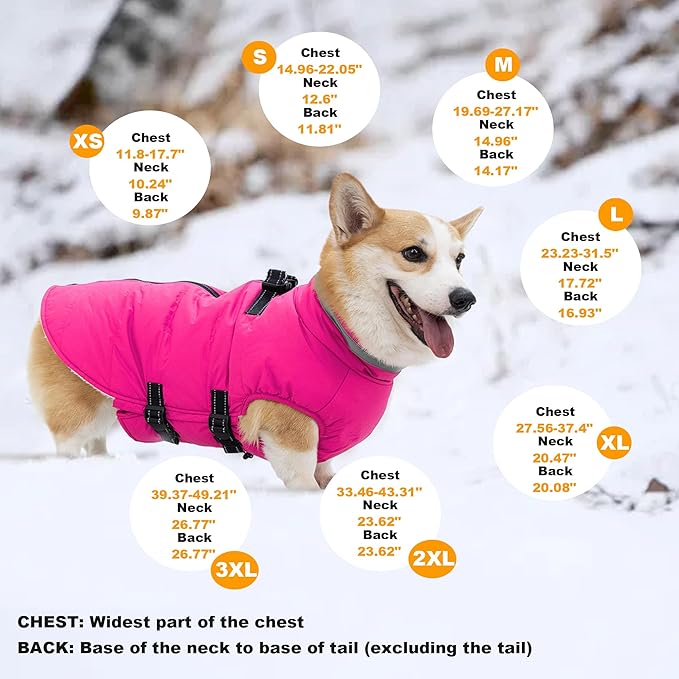 Medium Dog Coat with Harness Built-in, Waterproof Reflective Fleece Lined - Warm Windproof Winter Jacket with Back Zipper, Cold Weather Snow Dog Coats - Pink - M