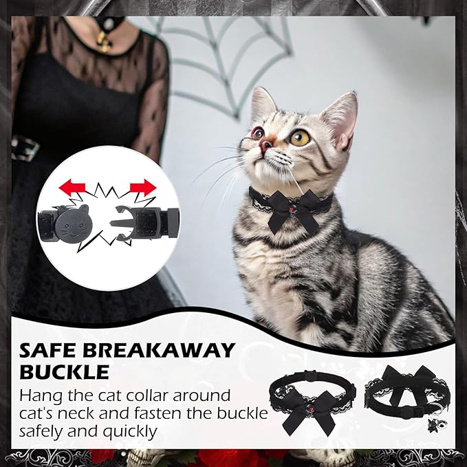 EXPAWLORER Halloween Cat Collar,Adjustable Soft Velvet Cat Collar Breakaway with Flower Accessory and Bell,Safety Quick Release Gothic Style Pet Collar for Cat,Kitten,Small Dog