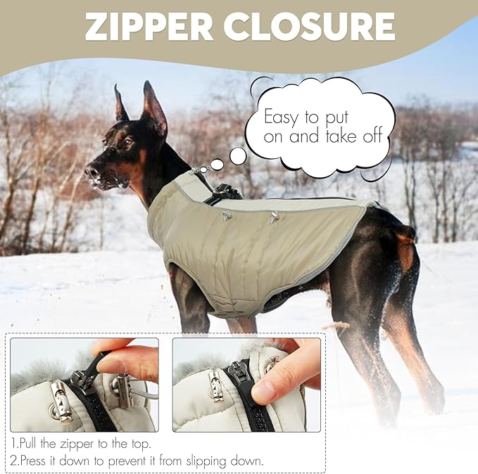 IDOMIK Warm Dog Coat with Harness, Waterproof Reflective Dog Jackets for Small Medium Large Dogs, Fleece High Collar Winter Jacket with Zipper, Pet Winter Snowsuit Clothes for Cold Weather,Khaki M