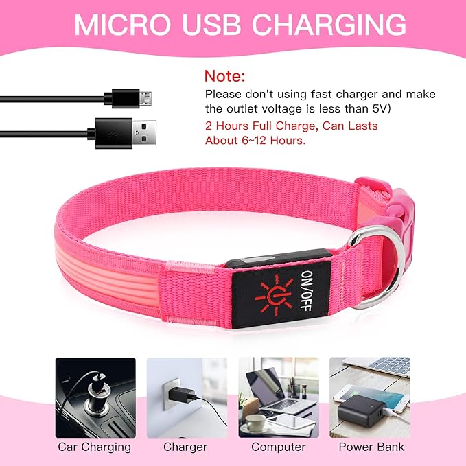 YFbrite Light up Dog Collar, USB Rechargeable LED Puppy Collar Super Bright Adjustable Glowing Dog Lights for Night Walking (Design 2- Pink, Medium)