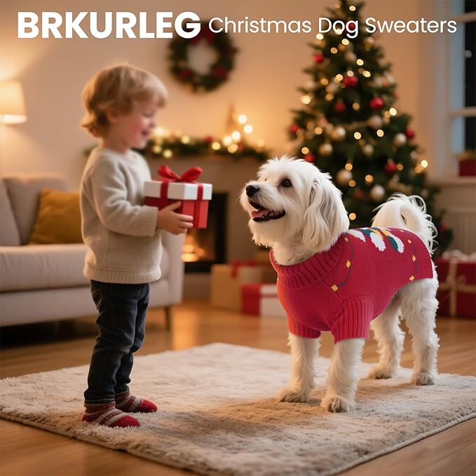 BRKURLEG Christmas Dog Sweaters for Cold Weather, Warm Turtleneck Sweaters for Small Dogs, Xmas New Year Pet Pullover Knitted Sweatshirt Outfit for Cats, Chihuahua,Yorkie (Red, XS)