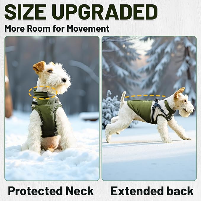 Dog Winter Coat for Small & Medium Dogs (Up to 31lb), Waterproof Dog Coat with Harness, Puppies Windproof Puppy Puffer Jacket, Snowsuit for Dachshund,Frenchie, Corgi (Classic Green, Medium)