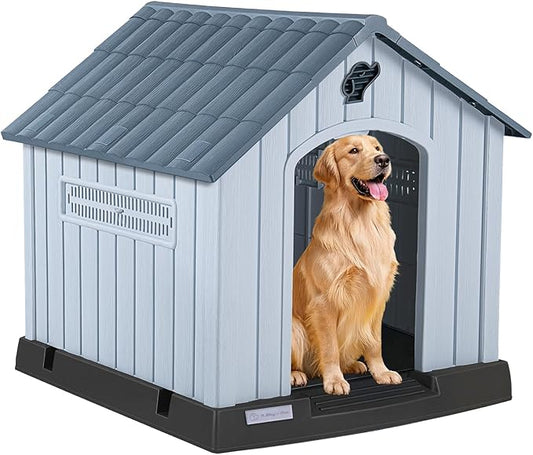 LEMBERI Large Plastic Dog House for Medium Large Dogs, Durable Waterproof Indoor Outdoor Doghouse with Air Vents and Elevated Floor, Easy to Assemble (Gray, 38.7" L x 36.8" W x 39.1" H)