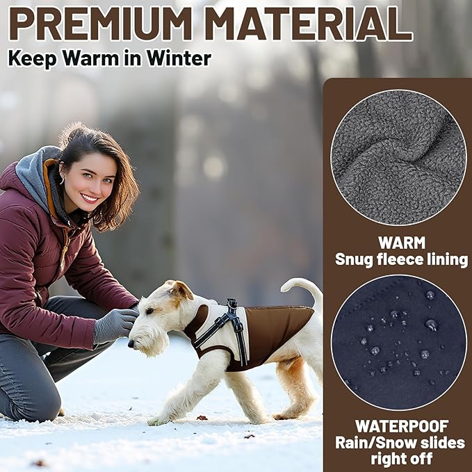 Dog Winter Coat for Small & Medium Dogs (Up to 31lb), Waterproof Dog Coat with Harness, Puppies Windproof Puppy Puffer Jacket, Snowsuit for Dachshund,Frenchie, Corgi (Classic Brown, XLarge)