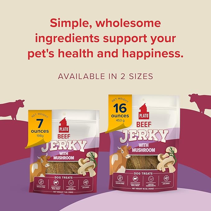 PLATO Pet Treats Jerky Dog Treats - Air-Dried Beef Jerky with Mushroom - Grain Free, High Protein - 16oz